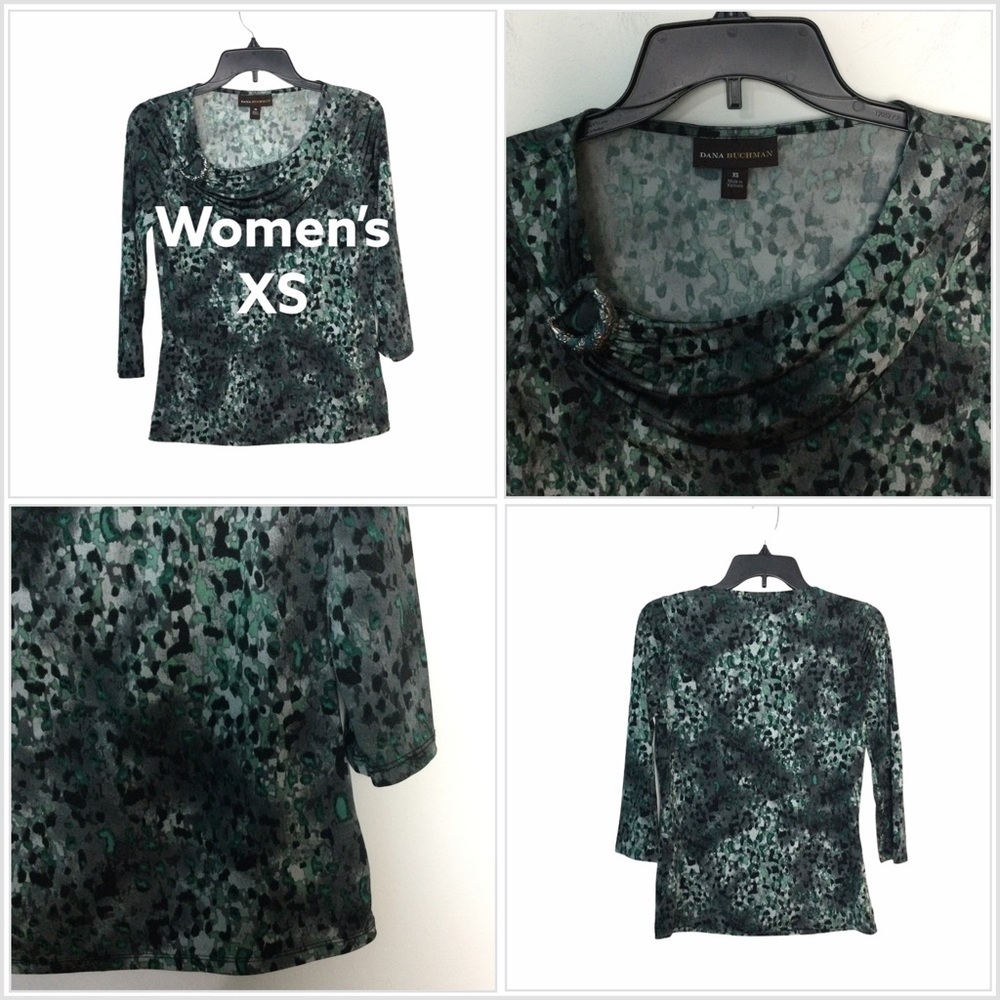 Women’s Dana Buchman XS Top Shirt Gray Black Crewneck Elbow Sleeve Stretch NWOT